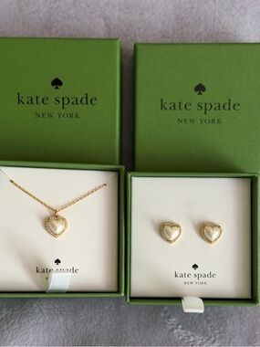 Kate Spade Gold Heart Necklace and Heart Stud Earrings with Pearl-Tone Centers